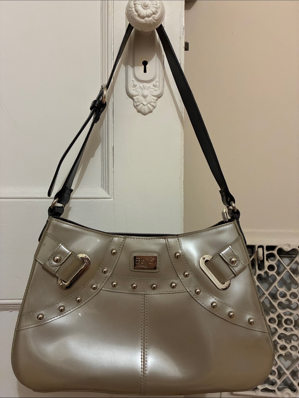 Sleek Metallic Champagne Shoulder Bag - Studded Accent
